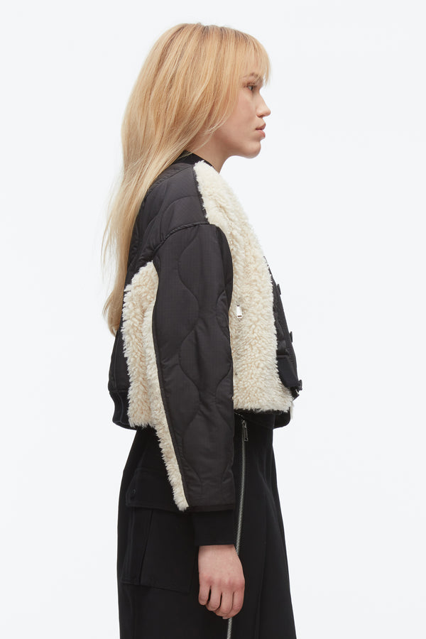 Phillip Lim Cropped Sherpa Combo Bomber BLACK-NATURAL