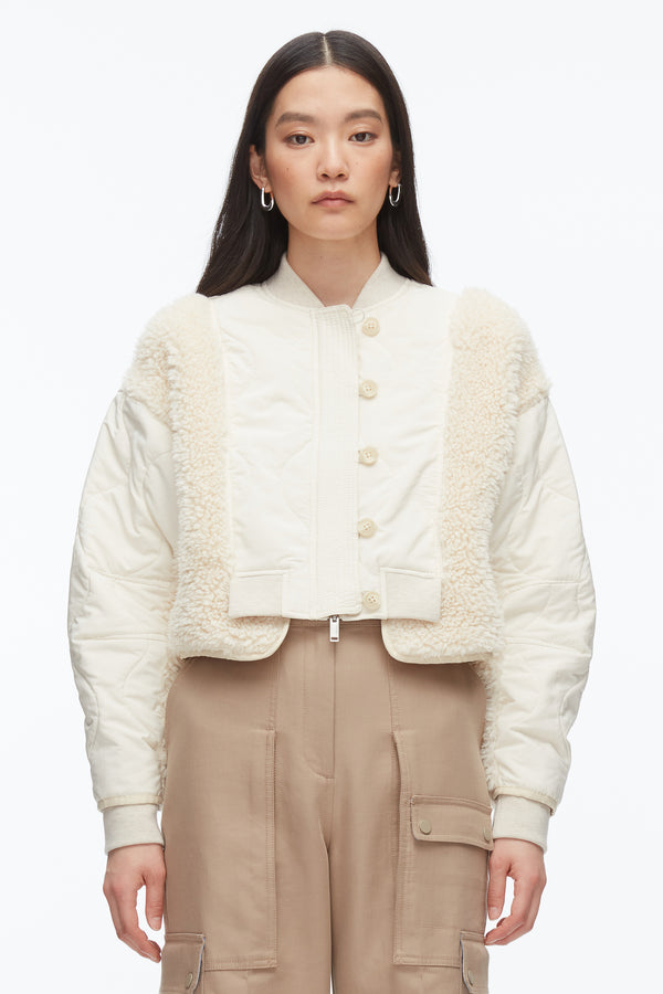 Phillip Lim Cropped Sherpa Combo Bomber PARCHMENT MULTI