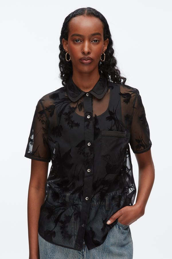 Phillip Lim Flocked Organza Short Sleeve Shirt BLACK