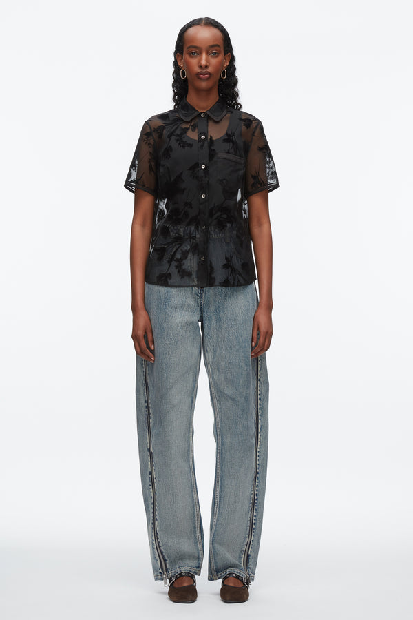 Phillip Lim Flocked Organza Short Sleeve Shirt BLACK