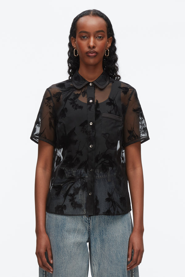 Phillip Lim Flocked Organza Short Sleeve Shirt BLACK