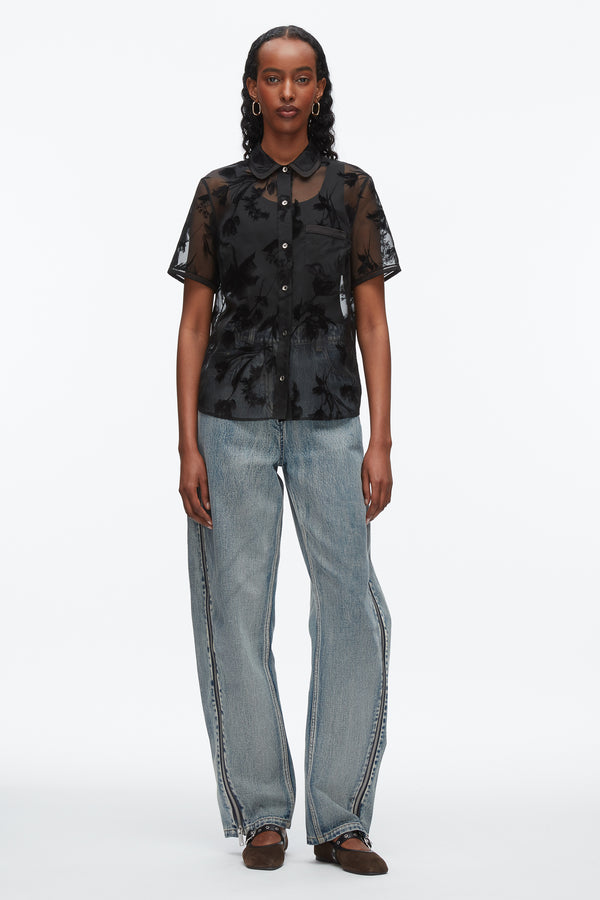 phillip lim Flocked Organza Short Sleeve Shirt BLACK