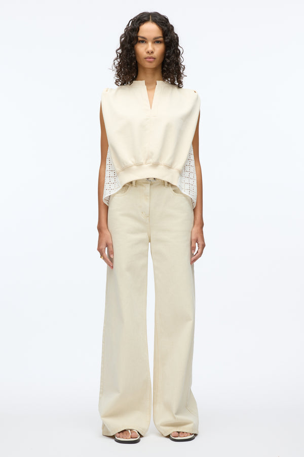 Phillip Lim French Terry Top With Broiderie Anglaise Combo ECRU-WHITE