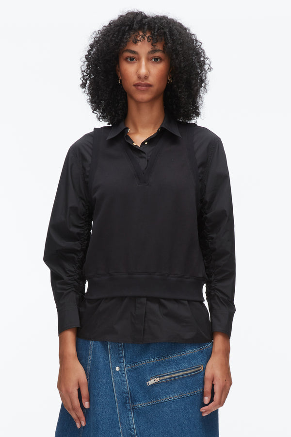 Phillip Lim Layered Vest Ruched Sleeve Shirt BLACK-BLACK