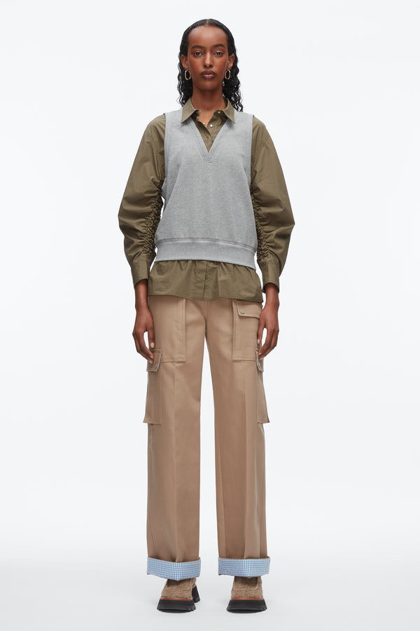 Phillip Lim Layered Vest Ruched Sleeve Shirt GREY MELANGE-ARMY