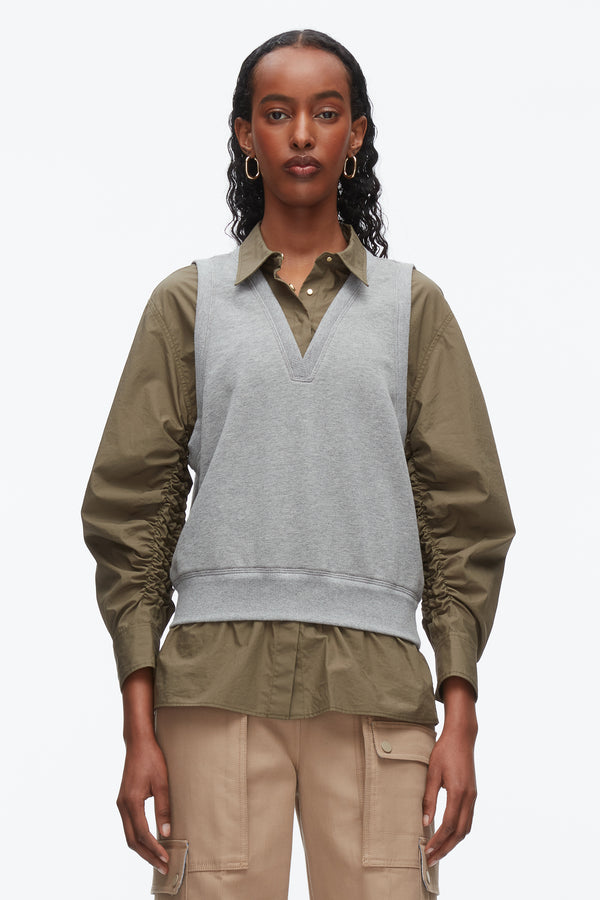 Phillip Lim Layered Vest Ruched Sleeve Shirt GREY MELANGE-ARMY