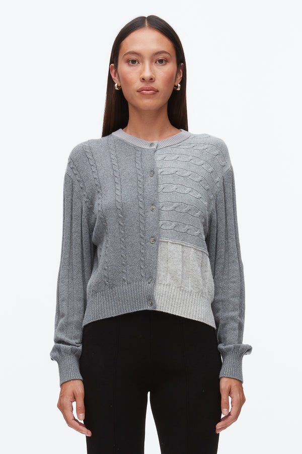 Phillip Lim Mix Cable Crew Neck Cardigan DARK GREY MELANGE MULTI