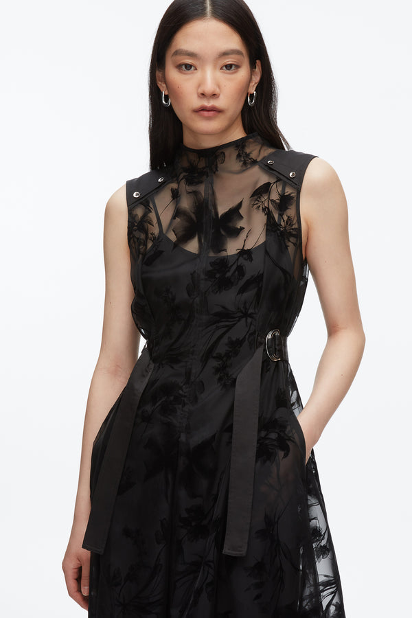 Phillip Lim Flocked Organza Midi Dress BLACK