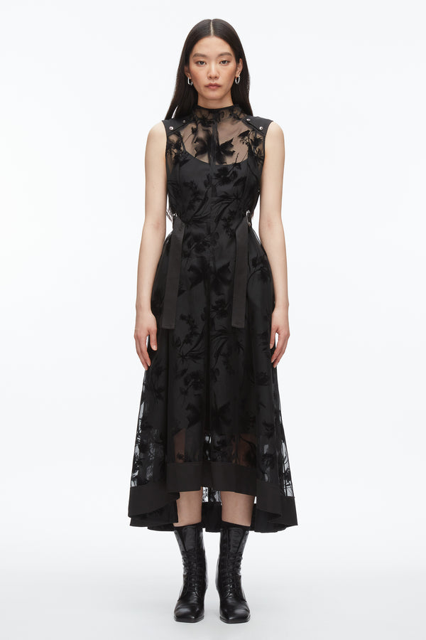 Phillip Lim Flocked Organza Midi Dress BLACK