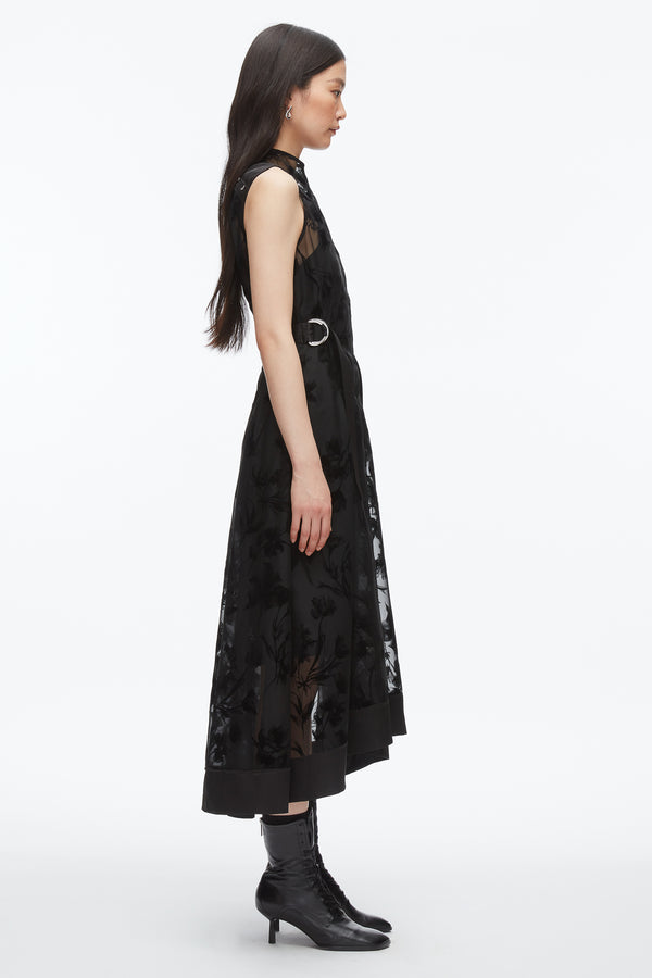 Phillip Lim Flocked Organza Midi Dress BLACK