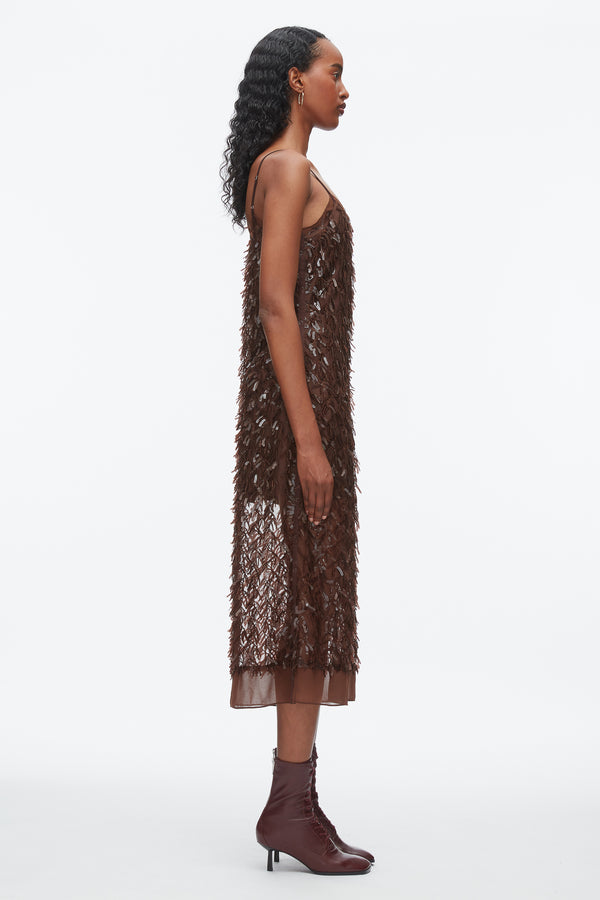 Phillip Lim Fringe Sequins Slip Dress CHOCOLATE
