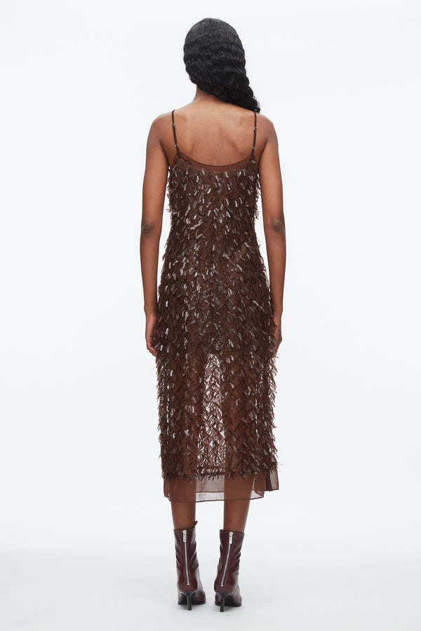 Phillip Lim Fringe Sequins Slip Dress CHOCOLATE