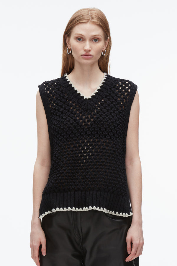 Phillip Lim Open Work V-Neck Shell BLACK
