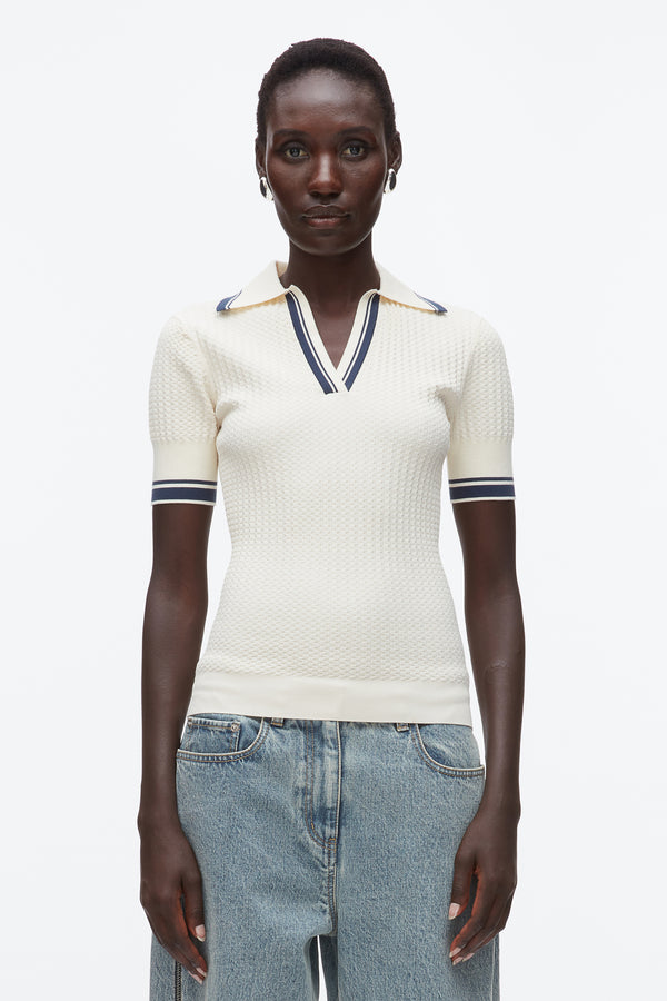 Phillip Lim Textured Rib Fitted Polo ECRU-NAVY