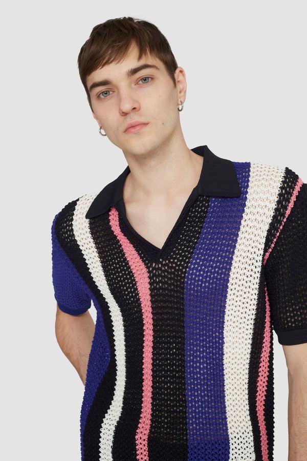Phillip Lim Short Sleeve Stripe Pointelle Polo Shirt BLK MULTI