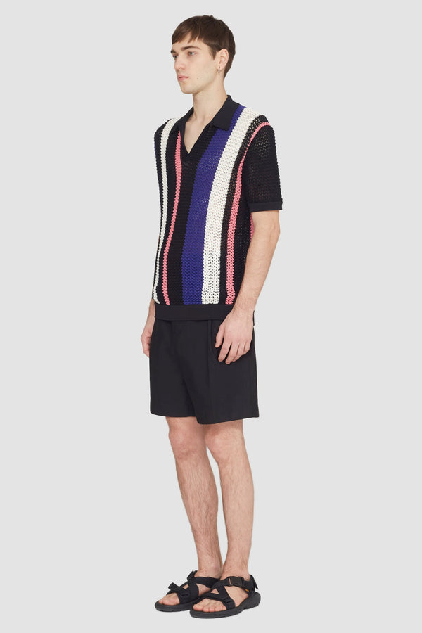 Phillip Lim Short Sleeve Stripe Pointelle Polo Shirt BLK MULTI