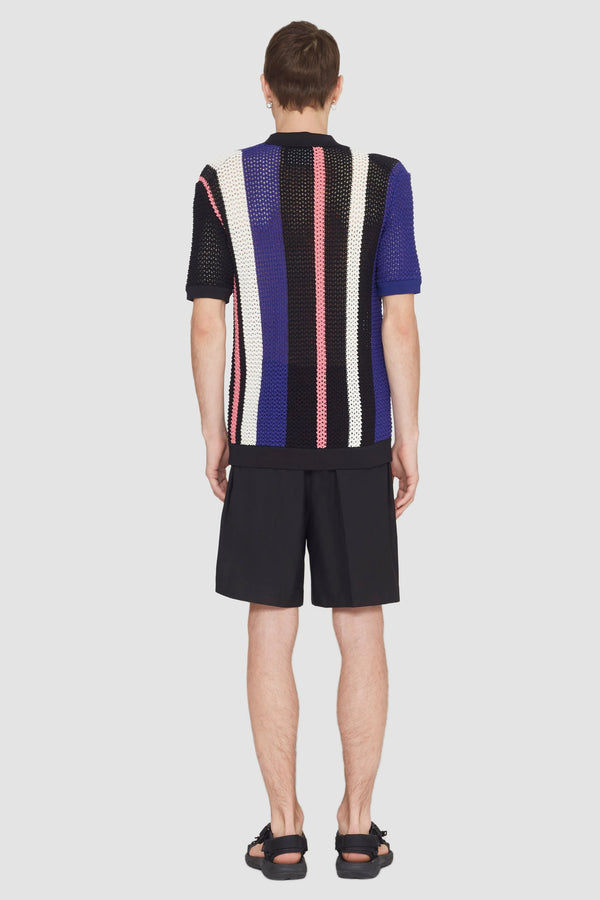 Phillip Lim Short Sleeve Stripe Pointelle Polo Shirt BLK MULTI