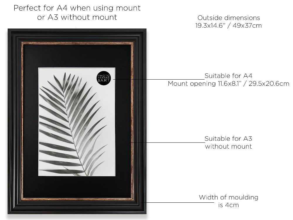 Photoframesandart A3 Poster Frame For A4 Print With Mount | Vintage Black