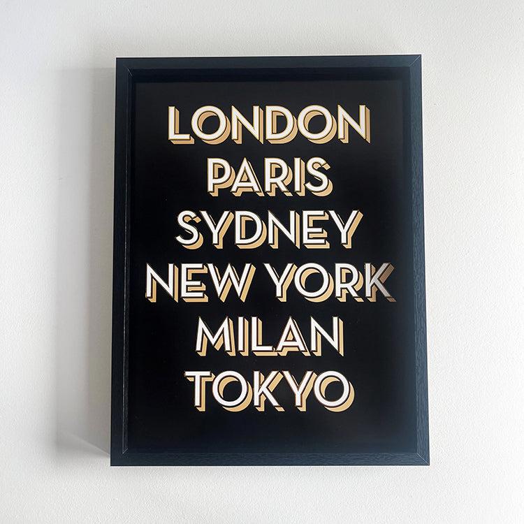 photoframesandart Black and Gold Typography Framed Art | Cities