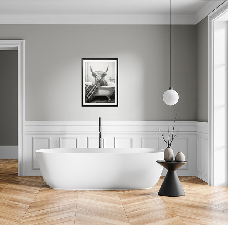 Photoframesandart Black & White Funny Animal Bathroom Canvas | Highland Cow