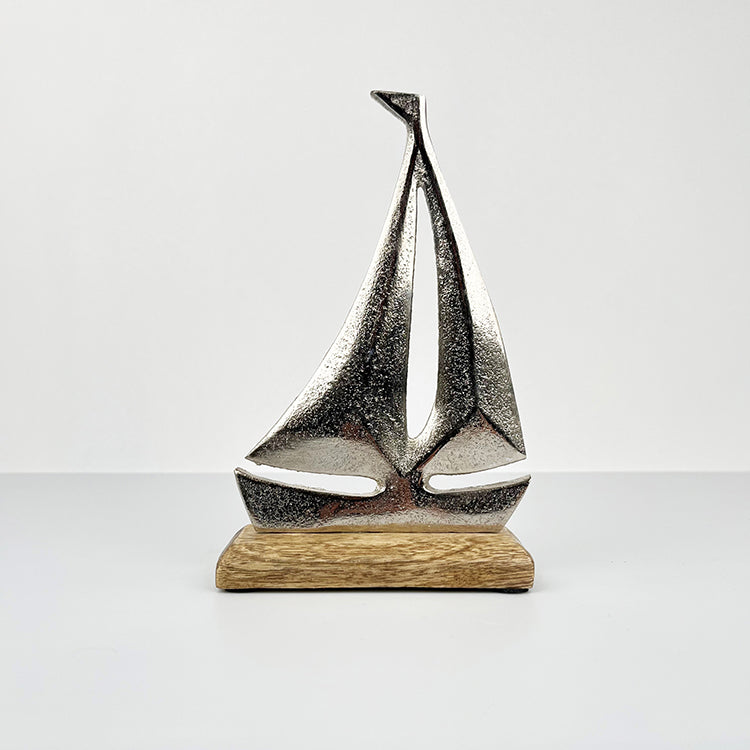 Photoframesandart Decorative Silver Boat | Wooden Base