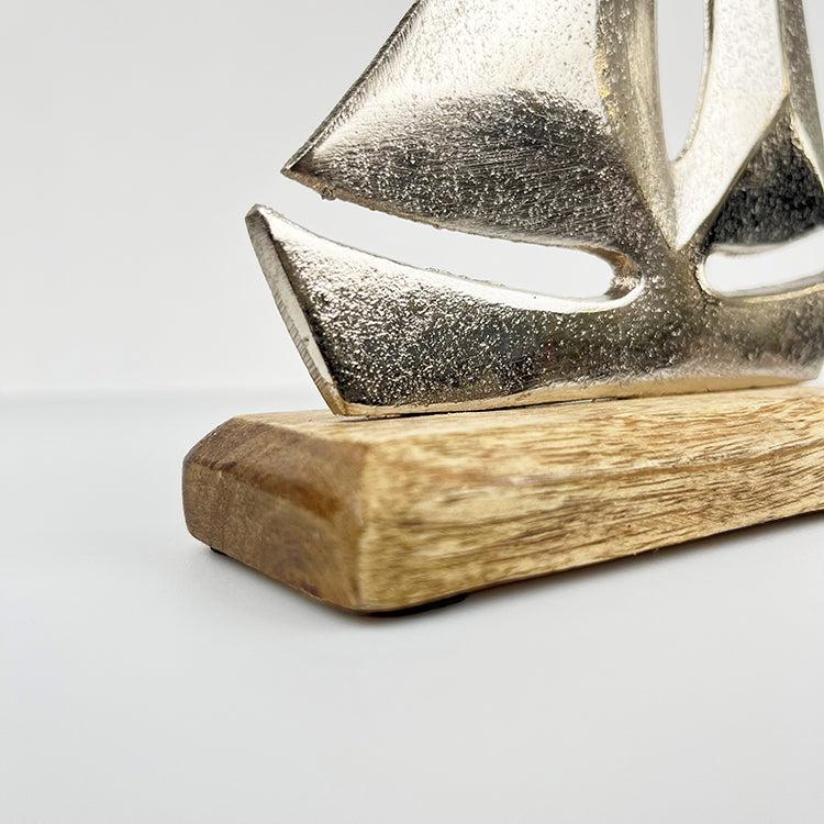 Photoframesandart Decorative Silver Boat | Wooden Base