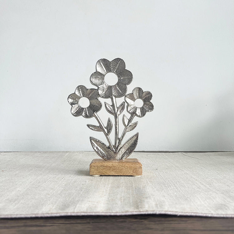 photoframesandart Decorative Silver Metal Flowers | Wooden Base