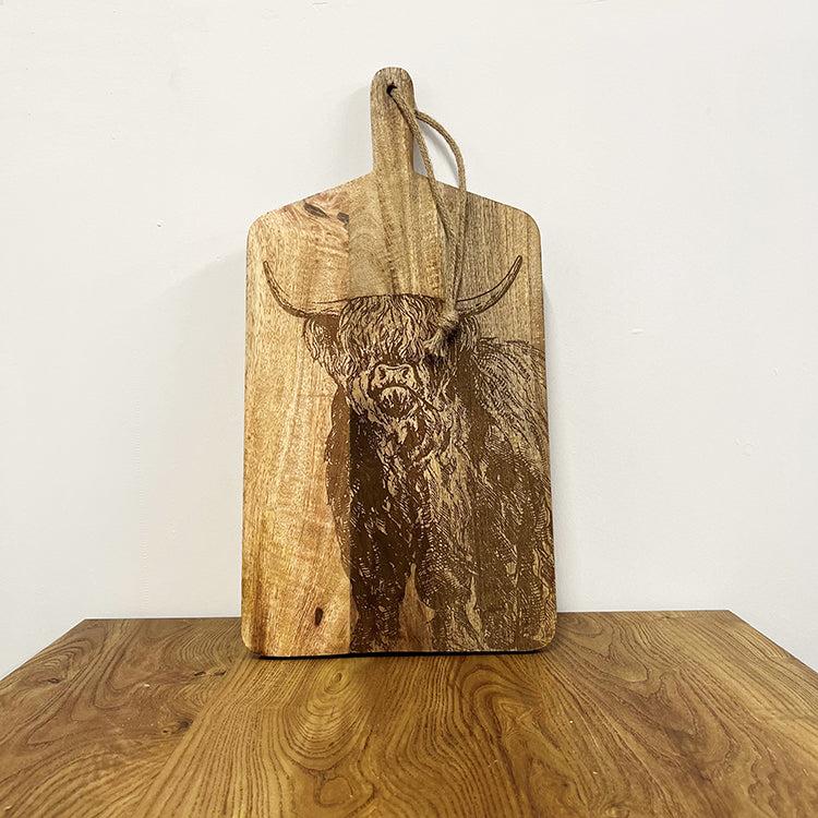 photoframesandart Mango Wood Chopping Board | Highland Cow