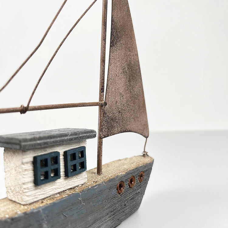 Photoframesandart Rustic Wooden Washed Blue Boat | With Metal Sail