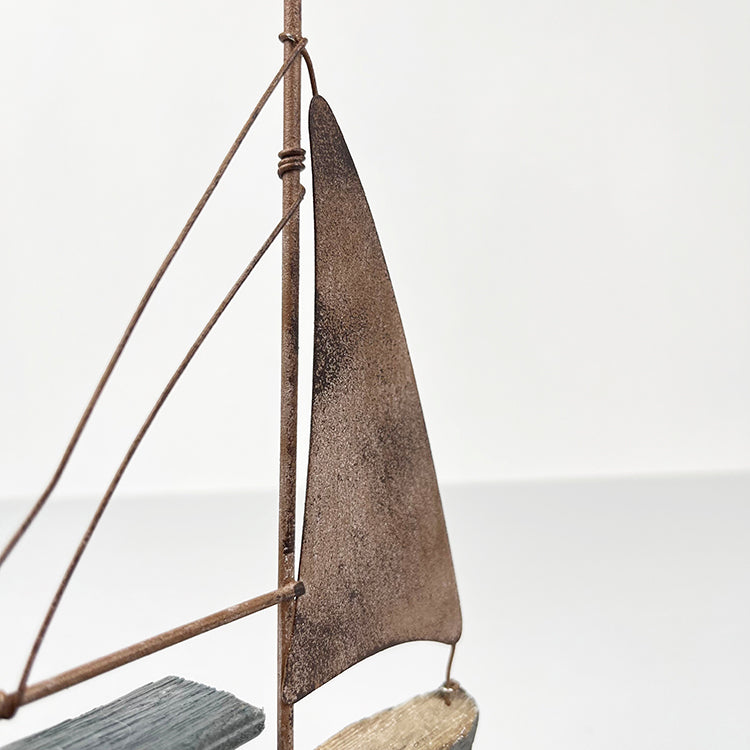 Photoframesandart Rustic Wooden Washed Blue Boat | With Metal Sail