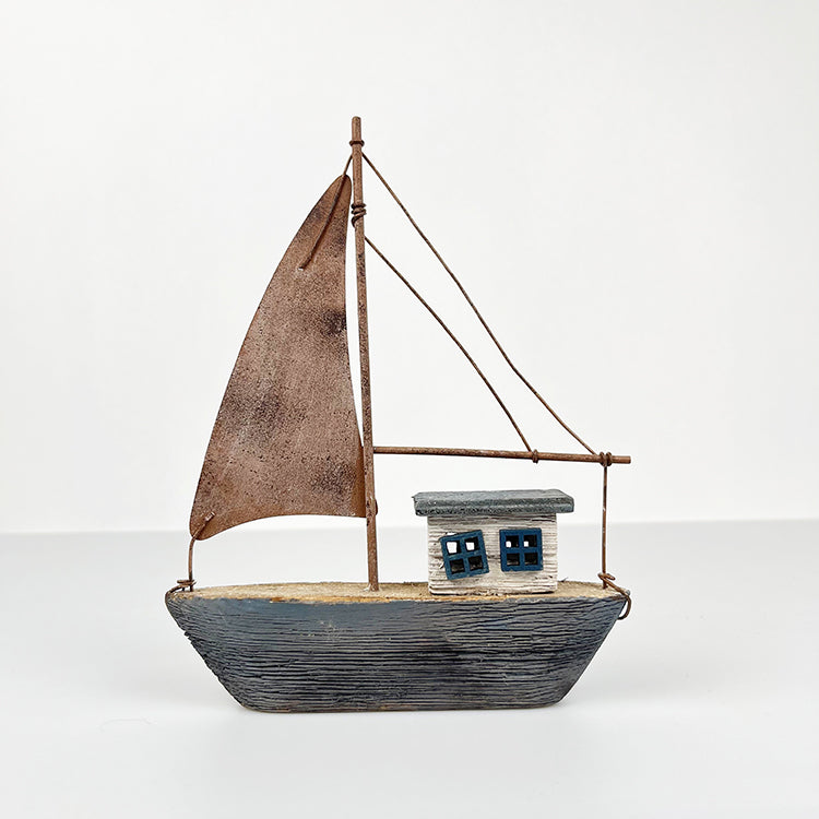Photoframesandart Rustic Wooden Washed Blue Boat | With Metal Sail