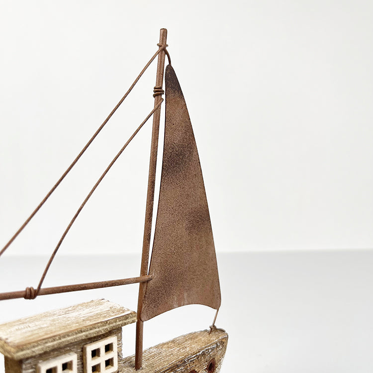 Photoframesandart Rustic Wooden Washed Brown Boat | With Metal Sail