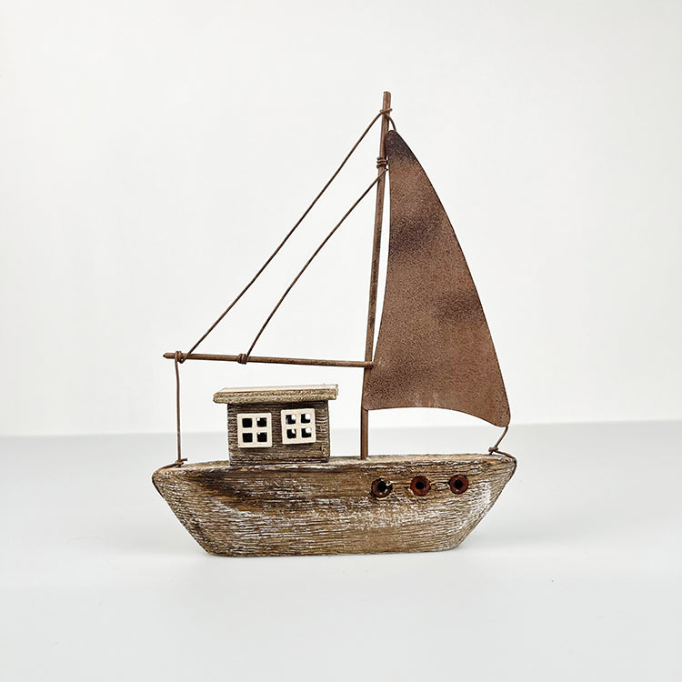 photoframesandart Rustic Wooden Washed Brown Boat | With Metal Sail