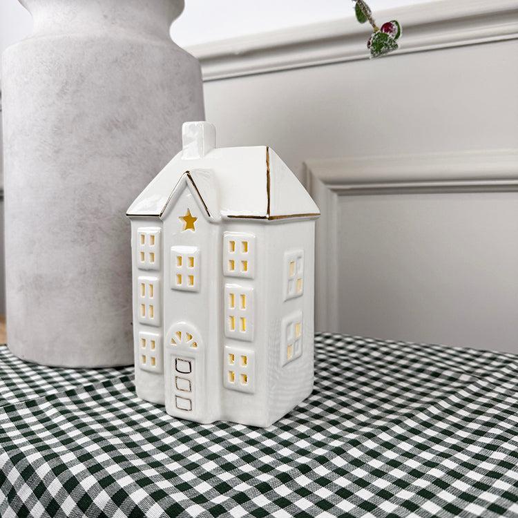 Photoframesandart Tall White Light Up Ceramic House | Gold Edging
