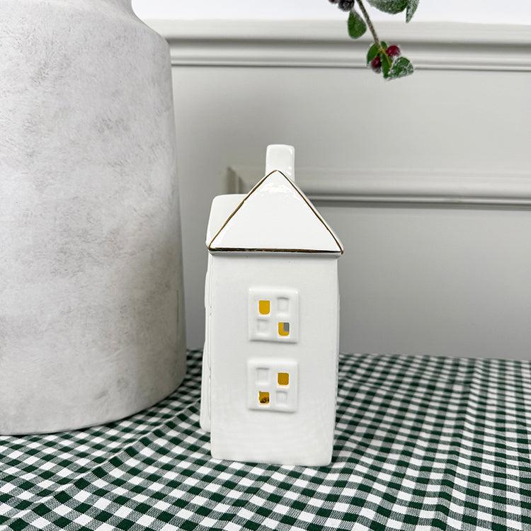 Photoframesandart Tall White Light Up Ceramic House | Gold Edging