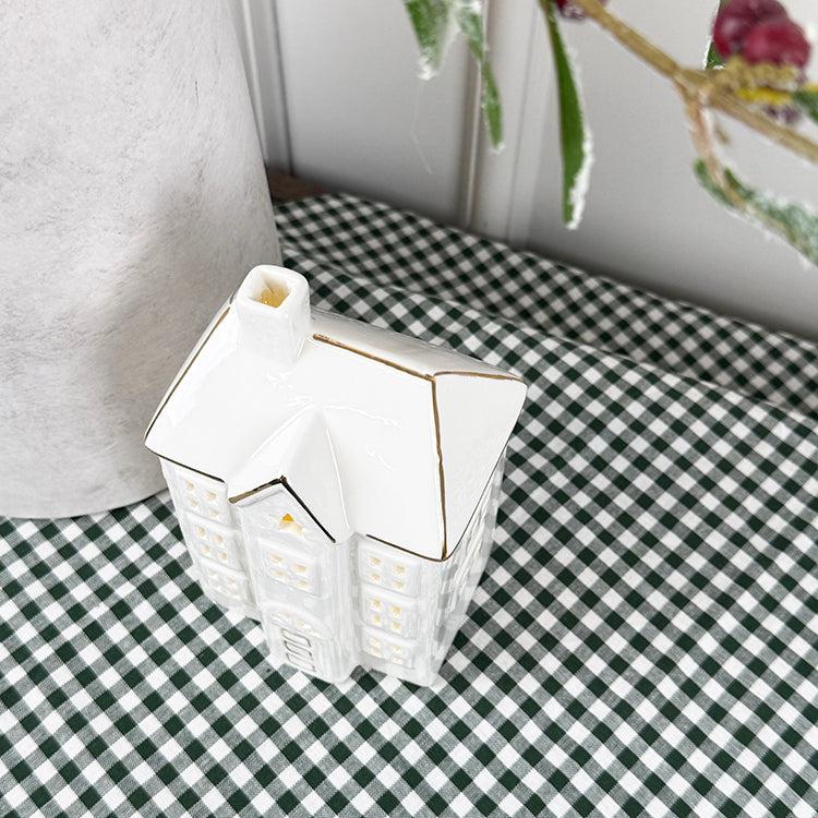 Photoframesandart Tall White Light Up Ceramic House | Gold Edging