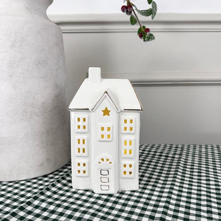 photoframesandart Tall White Light Up Ceramic House | Gold Edging