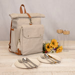 Picnic Time Carmel Roll Top Picnic Backpack Cooler With Utensil Set & Glass Water Bottles Gray