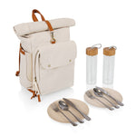 Picnic Time Carmel Roll Top Picnic Backpack Cooler With Utensil Set & Glass Water Bottles Gray