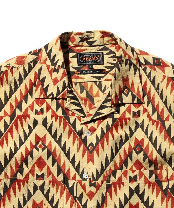 Pilgrim Surf Supply Open Collar Block Print Shirt (Zig Zag) Beige
