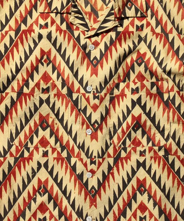 Pilgrim Surf Supply Open Collar Block Print Shirt (Zig Zag) Beige