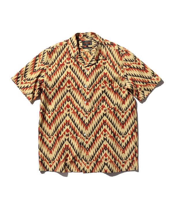 pilgrim surf supply Open Collar Block Print Shirt (Zig Zag) Beige
