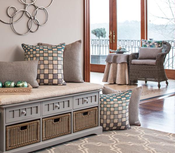 Pillow Perfect Checker Board Grey-Blue-Cream 16.5-Inch Throw Pillow