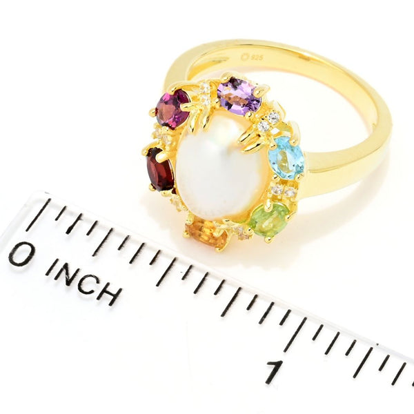Pin Up Girl 18K Gold Plated 10x8mm Oval Cultured Mabe Pearl & Multi Gemstone Ring