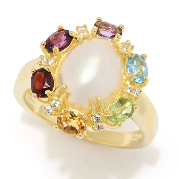 Pin Up Girl 18K Gold Plated 10x8mm Oval Cultured Mabe Pearl & Multi Gemstone Ring