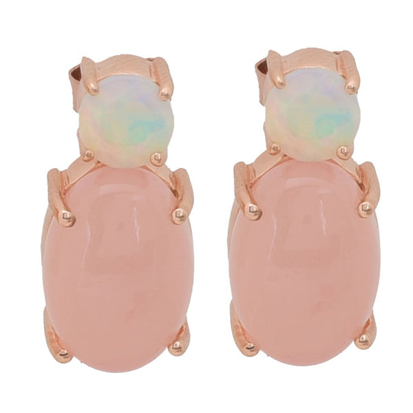 pin up girl 18K Gold Plated 14x10mm Oval Pink Chalcedony & Ethiopian Opal Drop Earrings