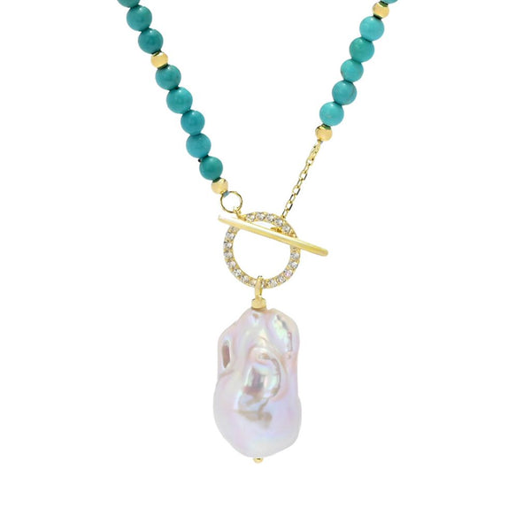 pin up girl 18K Gold Plated 25x15mm Baroque Cultured Pearl Turquoise & Zircon Necklace