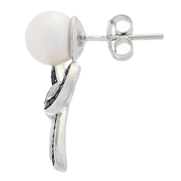 Pin Up Girl 18K Gold Plated "Hollywood" Cultured Pearl & Black Spinel Bow Drop Earrings