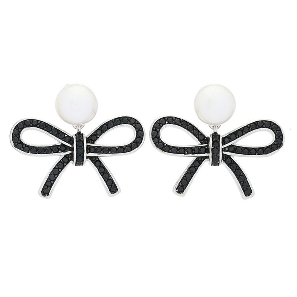 pin up girl 18K Gold Plated "Hollywood" Cultured Pearl & Black Spinel Bow Drop Earrings