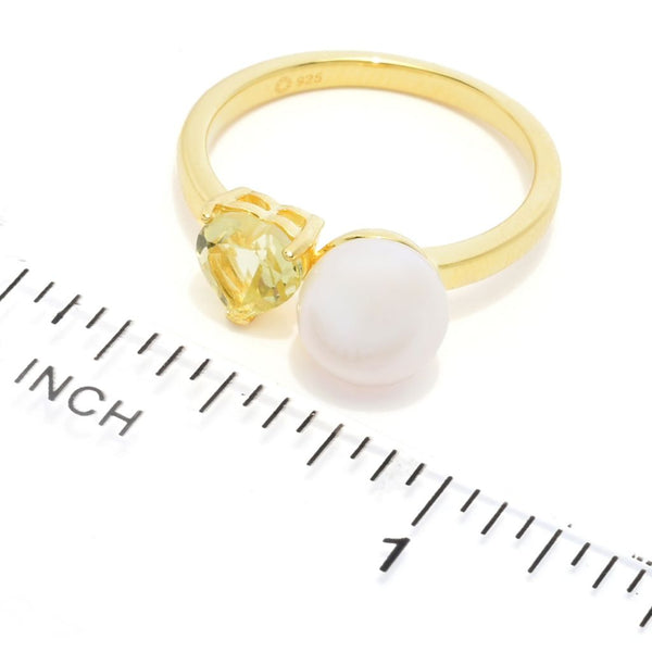 Pin Up Girl 18K Gold Plated "Hollywood" Cultured Pearl & Heart Shape Gem "Toi Et Moi" Ring